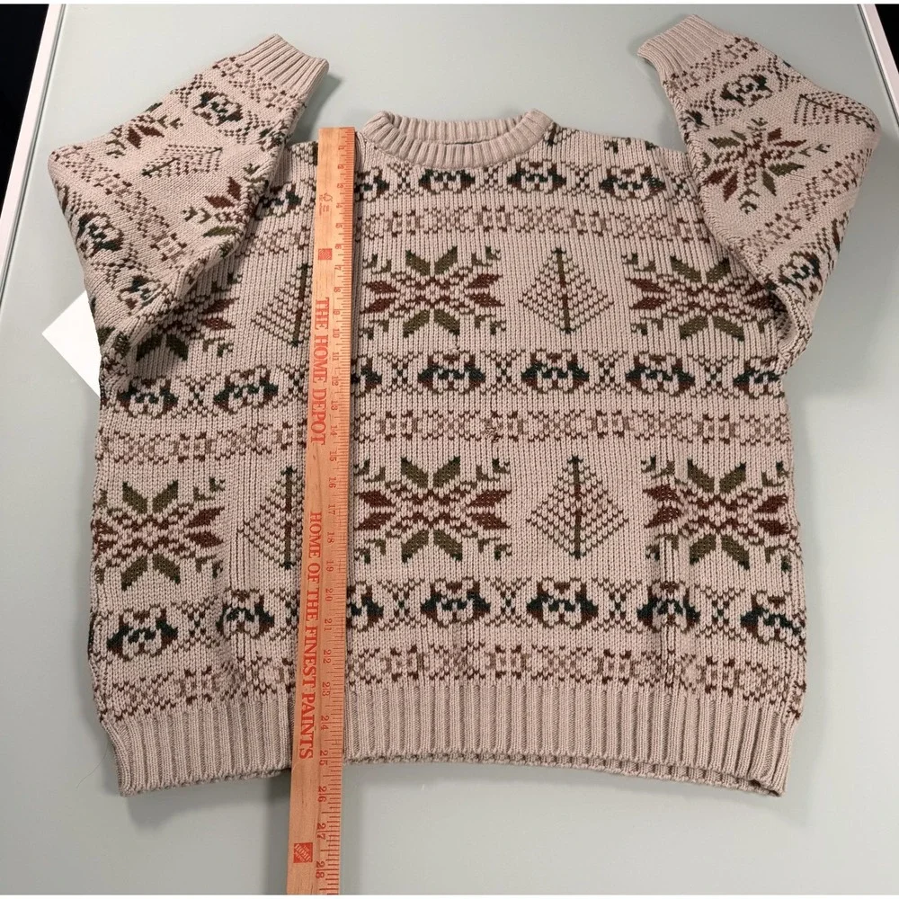 VTG Canda Fair Isle Knit Crew Neck Sweater Mens M Beige Geometric Pattern Preppy
